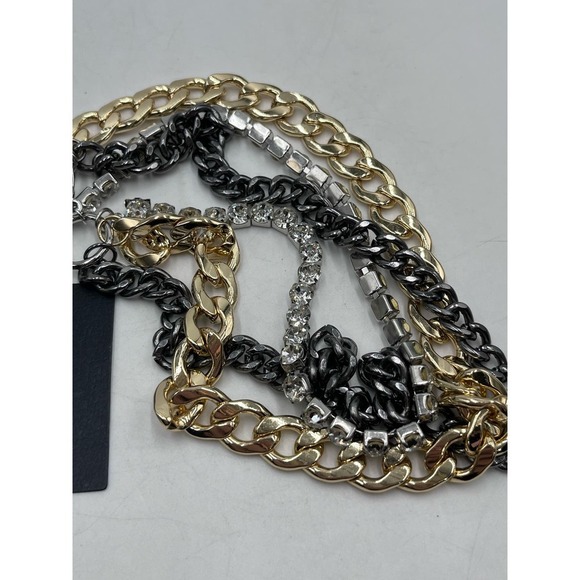 Steve Madden Layered Tri Tone Mixed Metal Bling Stones Curb Chain Necklace New - Picture 11 of 16
